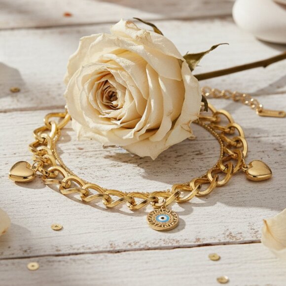 🆕️ Double Chain 18K Gold Plated Stainless Steel Bracelet with Heart Evil Eye - Picture 9 of 11